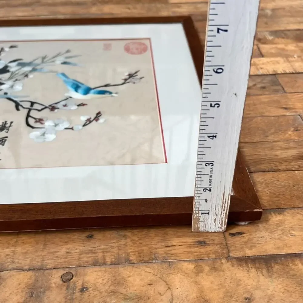 Framed Chinese Hand Embroidered Silk Bird on Cherry Blossom Tree w Stamps 17x17